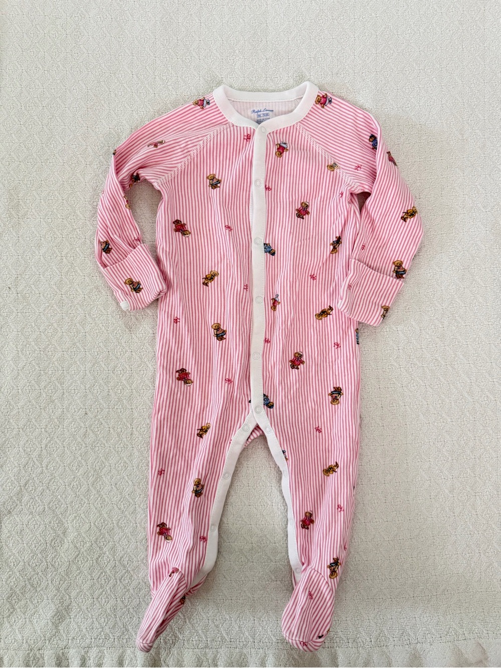 Ralph Lauren Pink & White Striped Footie One-Piece with Tiny Bear Graphic